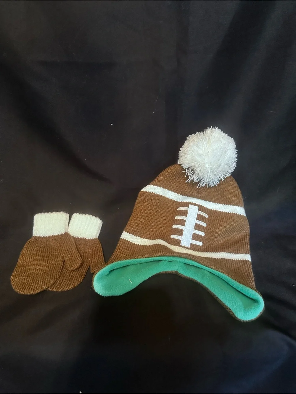 F-26 Kids Football Beanie and Mittens Set - Brown & White - Like New -Never worn
